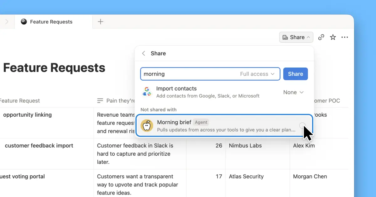 Share context with Custom Agents from the Share menu