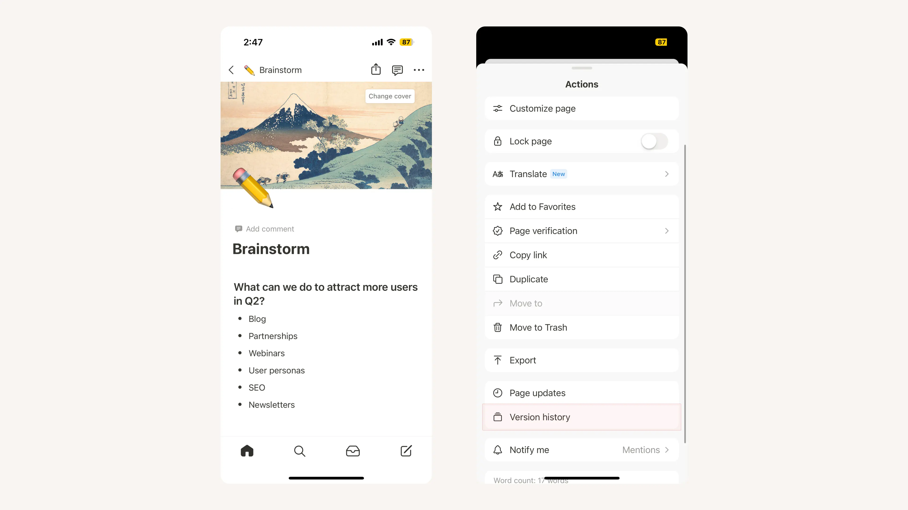 Page history mobile