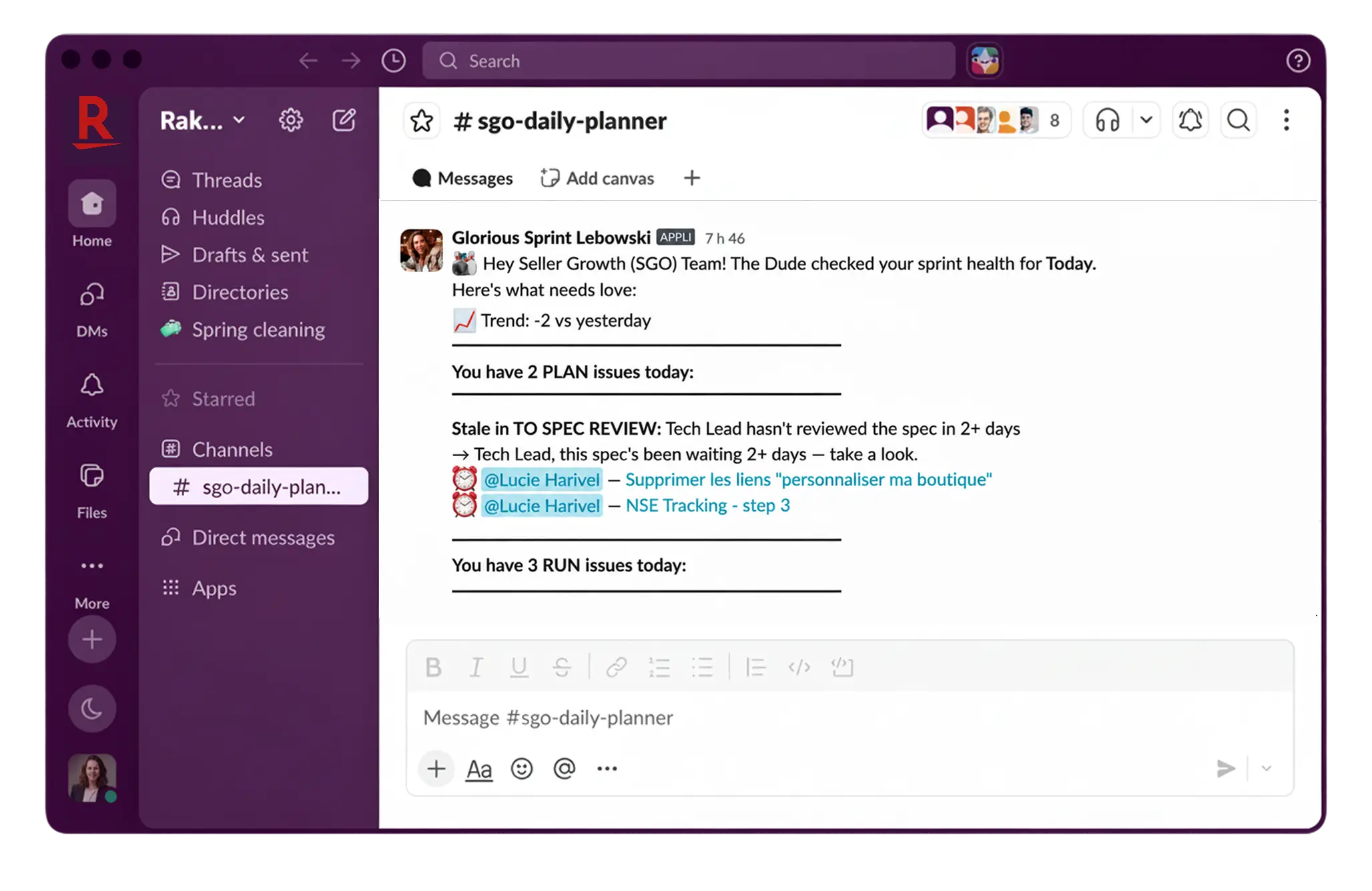The Sprint Lebowski agent delivers a Slack report to every feature team, giving tech leads and product managers a clear picture of what needs attention before the day begins.