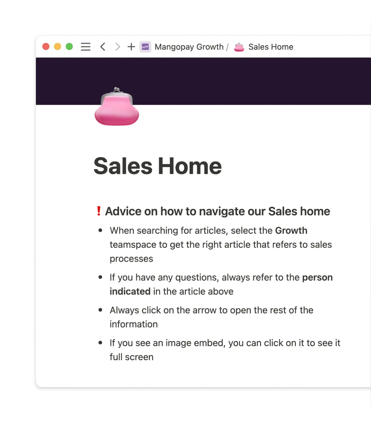 Each Mangopay team has a home page with essential information that makes it easier for employees to do their job and be more productive.